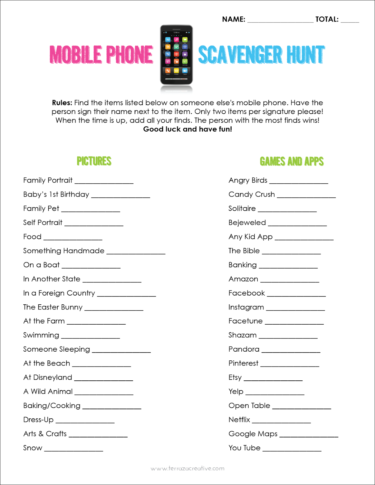 Mobile Phone Scavenger Hunt - Free Printable | A Fierce Flourishing - Free Printable Treasure Hunt Games