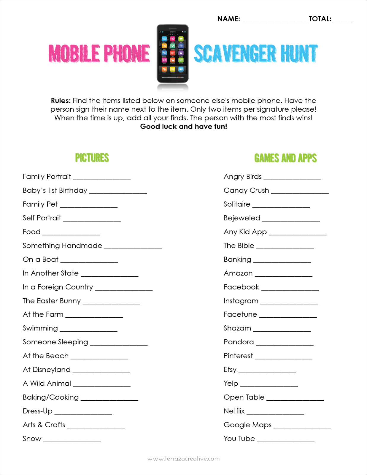 Mobile Phone Scavenger Hunt - Free Printable | A Fierce Flourishing - Retirement Party Games Free Printable