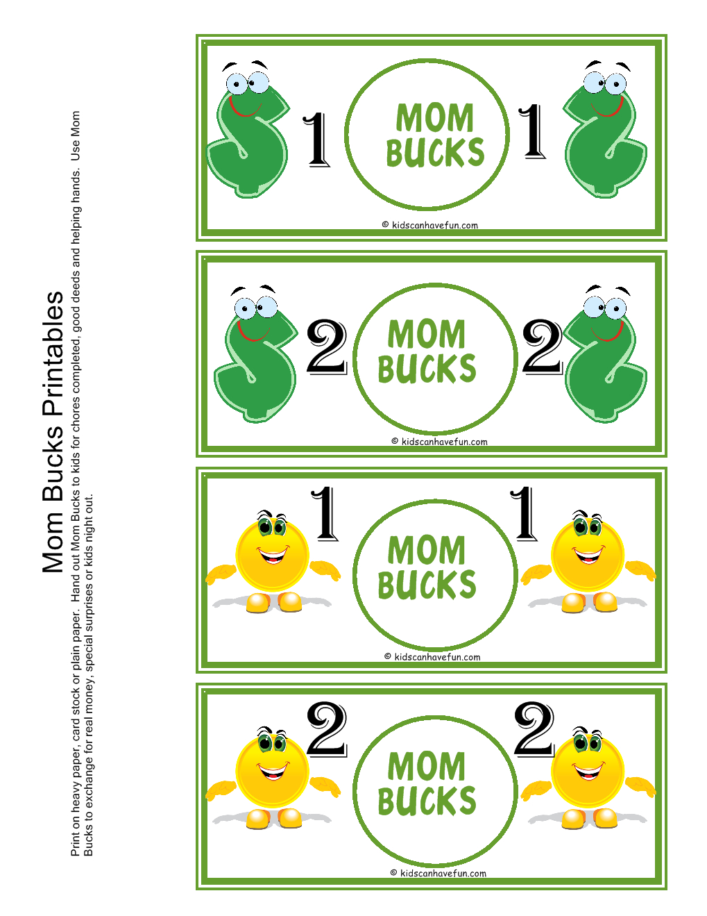 Mom Bucks For Kids. Kids Earn Mom Bucks From Doing Chores. | Misc - Free Printable Chore Bucks