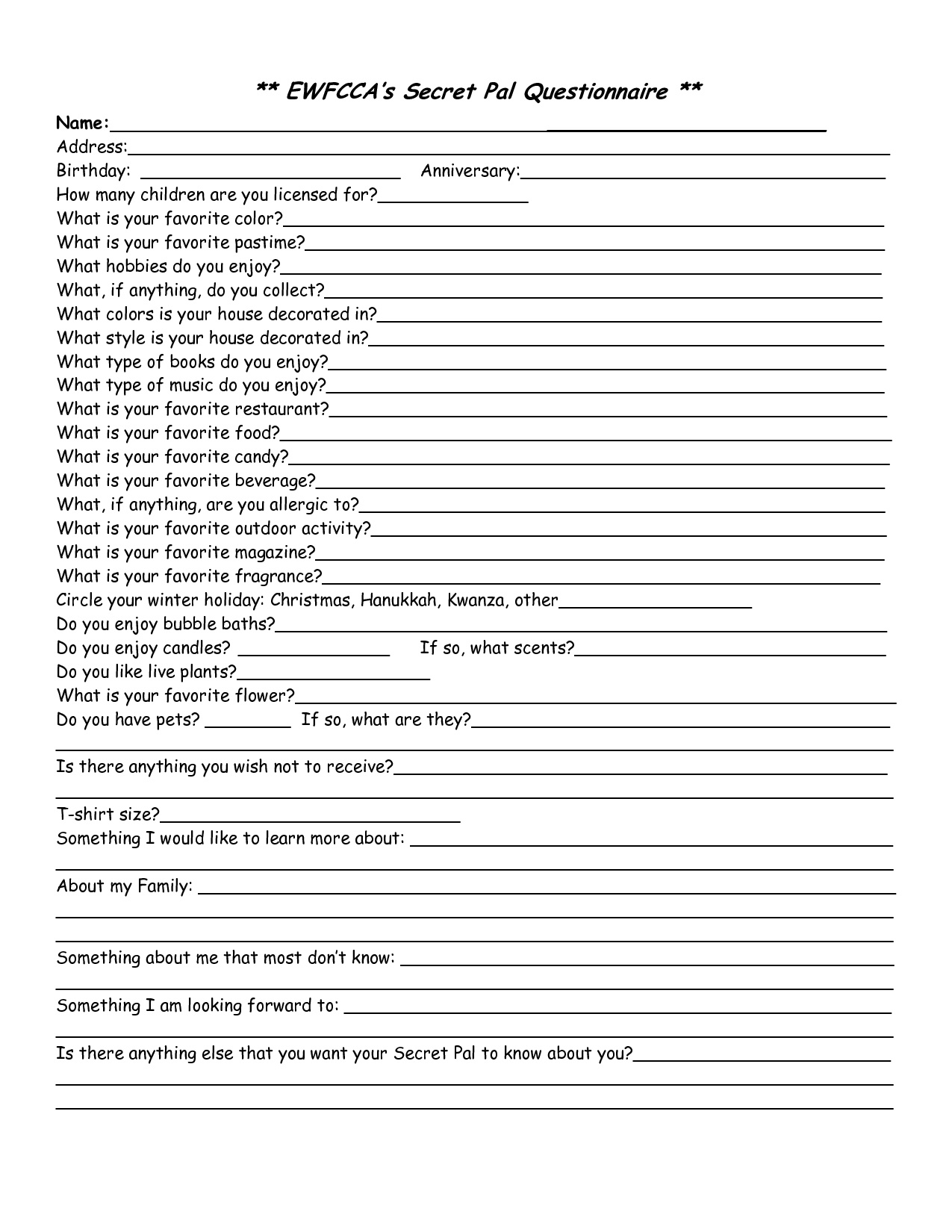 Secret Pal Questionnaire Free Printable