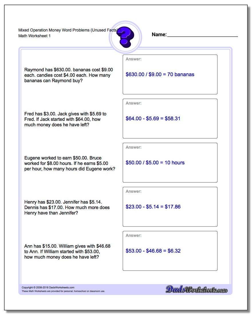 Money Word Problems - Free Printable Menu Math Worksheets