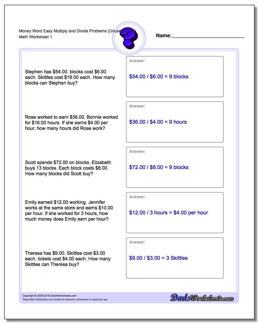 Money Word Problems - Free Printable Play Money Sheets