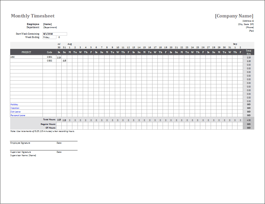 Monthly Timesheet Template For Excel And Google Sheets - Free Printable Blank Time Sheets