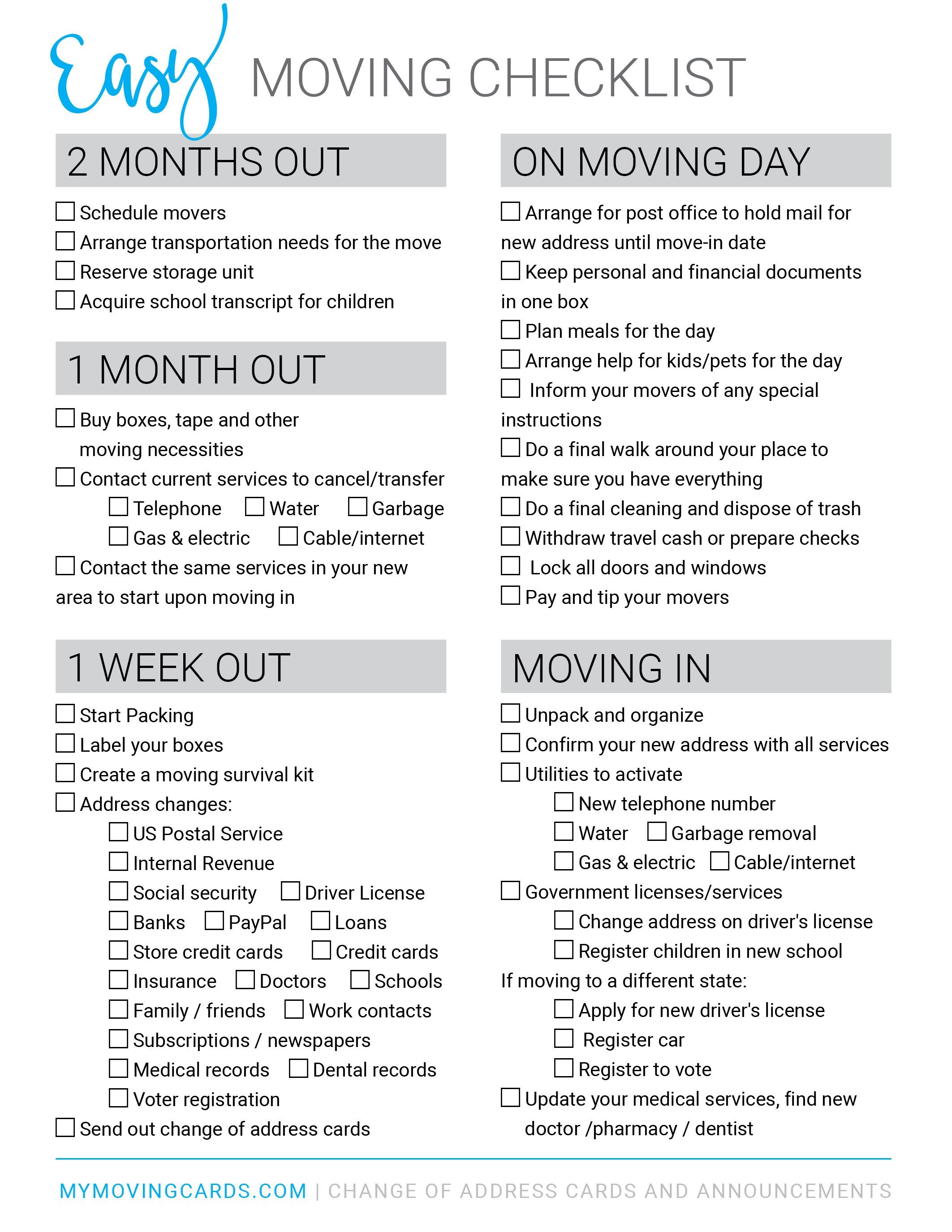Moving Checklist - Free Printable Download | Moving Cards In 2019 - Free Printable Change Of Address Cards