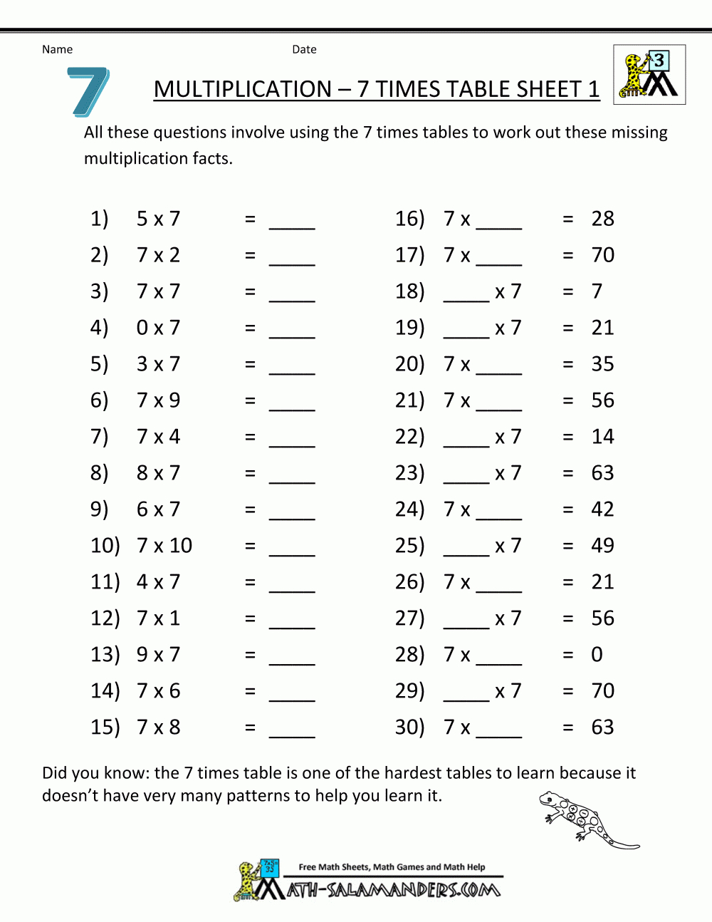 Multiplication Drill Sheets 7 Times Table 1 | Kids Math - Free Printable Math Worksheets Multiplication Facts