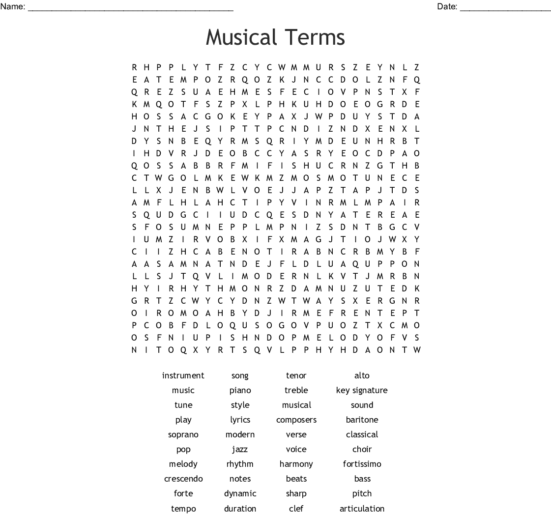 Musical Terms Word Search - Wordmint - Free Printable Music Word Searches