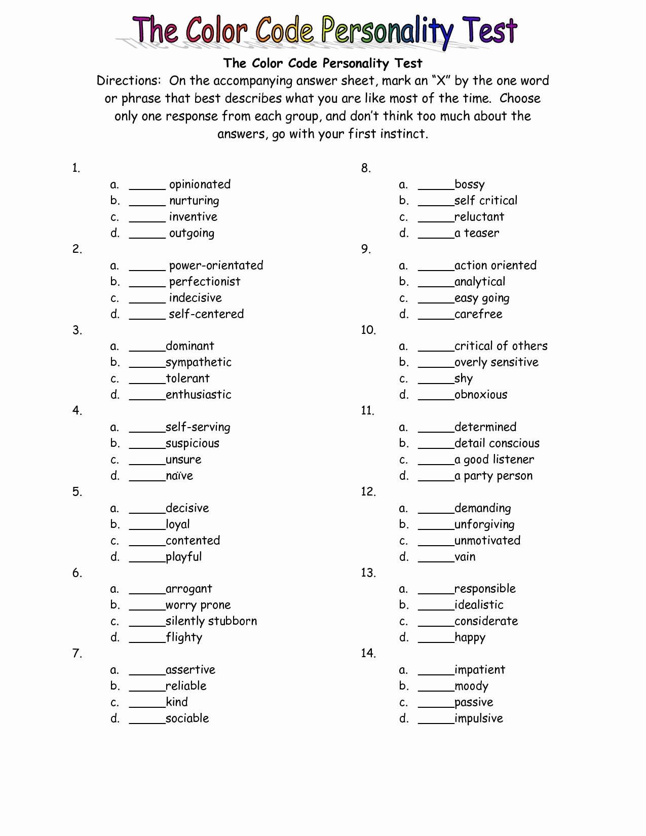 Free Printable Personality Test Free Printable