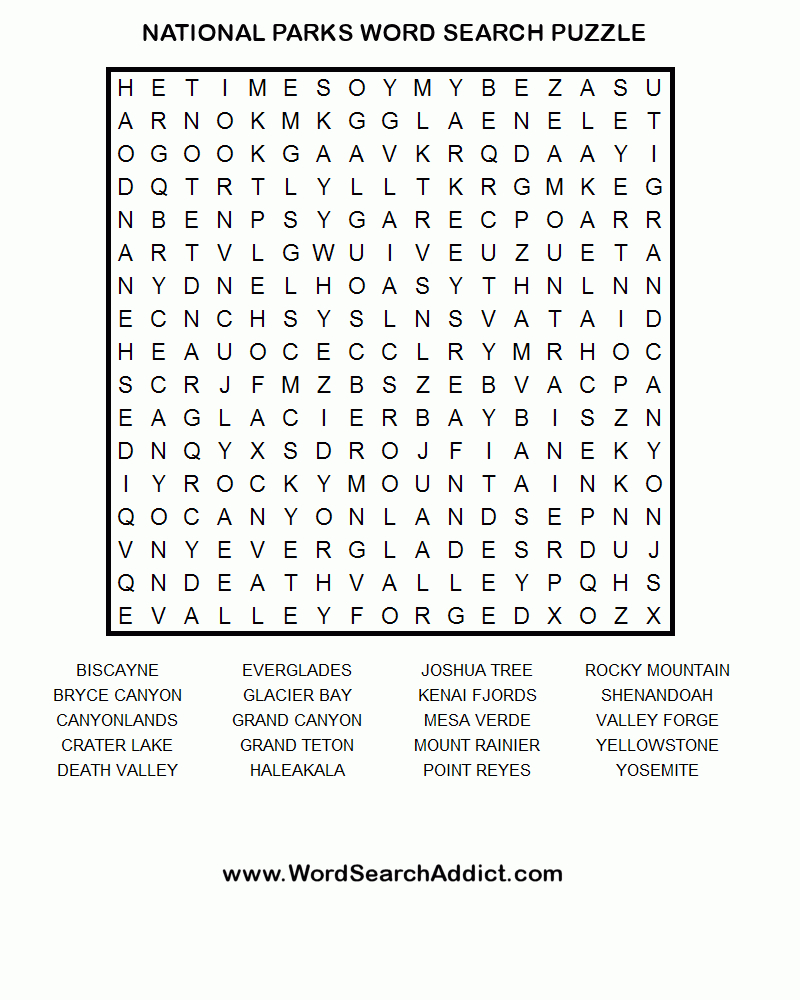 National Parks Printable Word Search Puzzle - Word Search Free Printable Easy