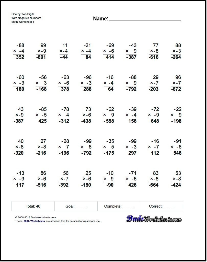Negative Numbers Free Math Worksheets For Negative Numbers Problems - 7Th Grade Math Worksheets Free Printable With Answers