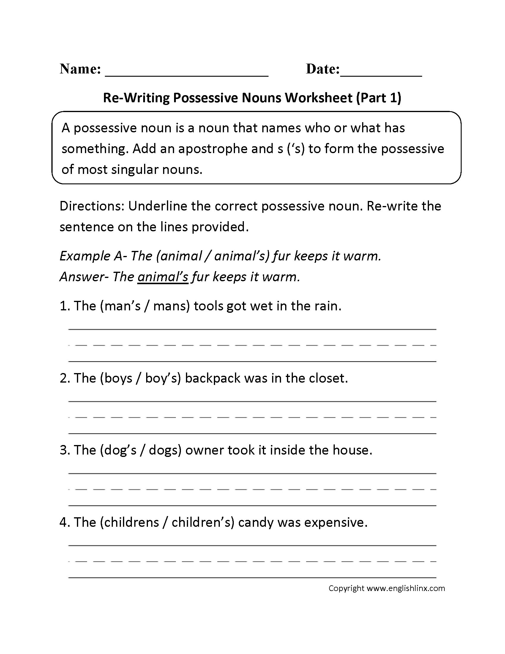 Possessive Nouns Worksheet Singular And Plural Nouns All Esl Free 