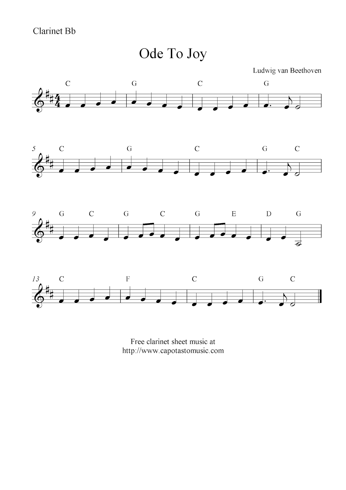 Ode To Joybeethoven, Free Clarinet Sheet Music Notes - Free Printable ...