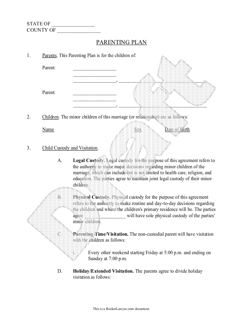 Parenting Plan - Child Custody Agreement Template (With Sample - Free Printable Parenting Plan