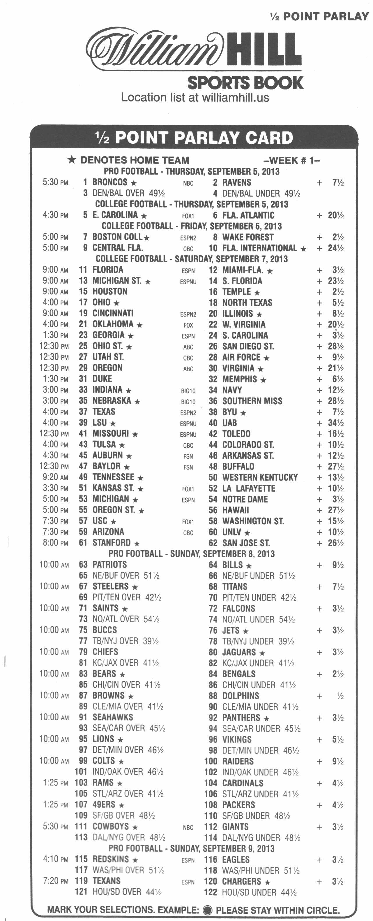 online football parlay cards