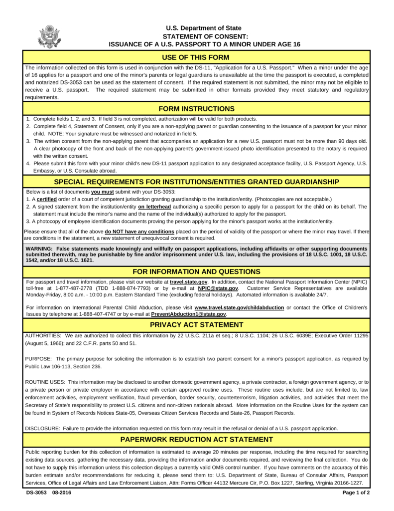 Passport Parental Consent – Form Ds-3053 | Eforms – Free Fillable Forms - Free Printable Ds 11