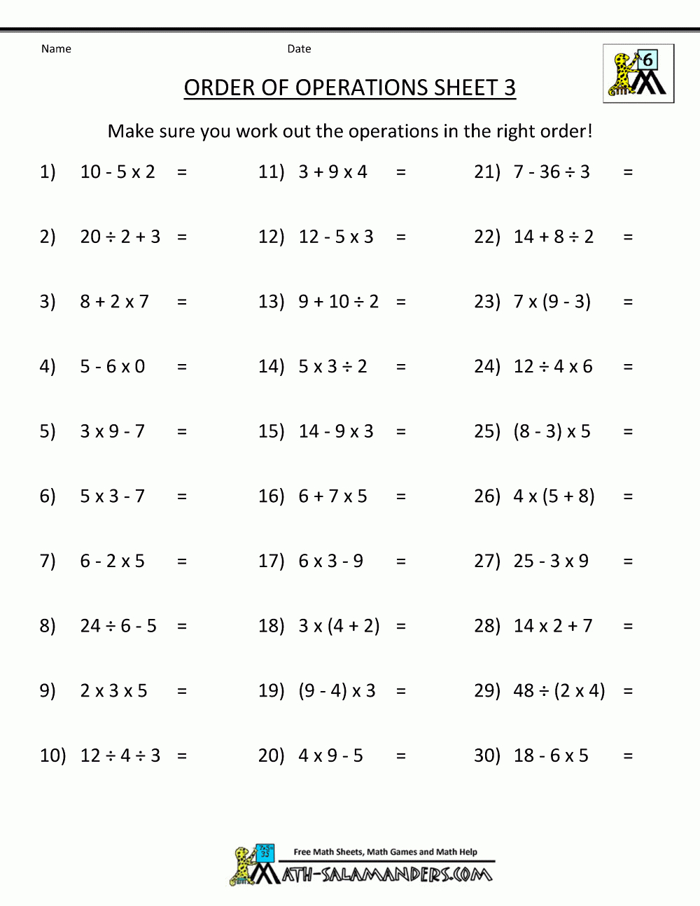 Pemdas Worksheets Order Of Operations 3 | Math 1 | Pemdas Worksheets - Free Printable Math Worksheets 6Th Grade Order Operations