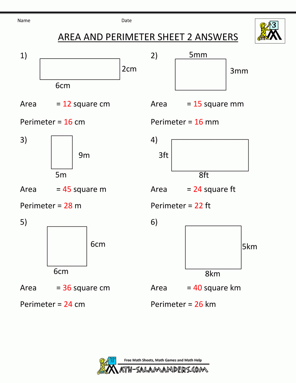 free perimeter and area worksheets grade 3