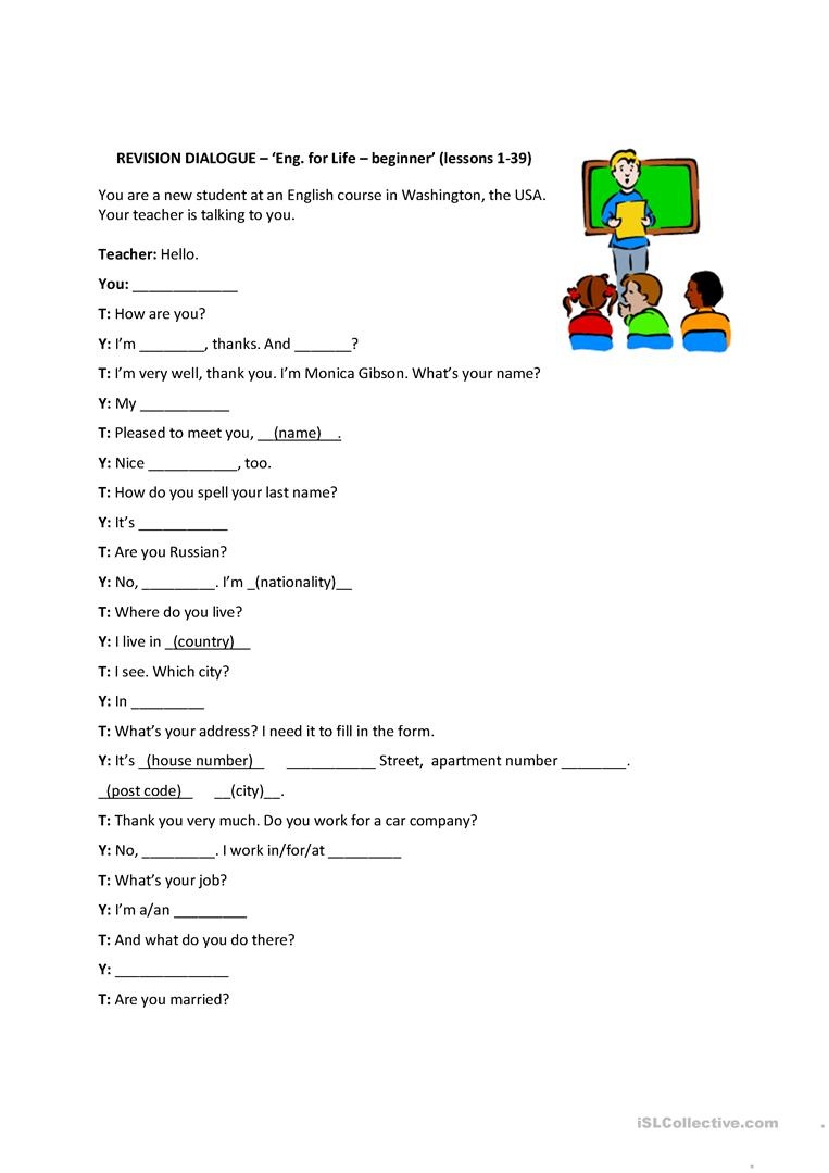 Personal Information Dialog - English For Life - Beginner (Revision - Free Printable English Lessons For Beginners