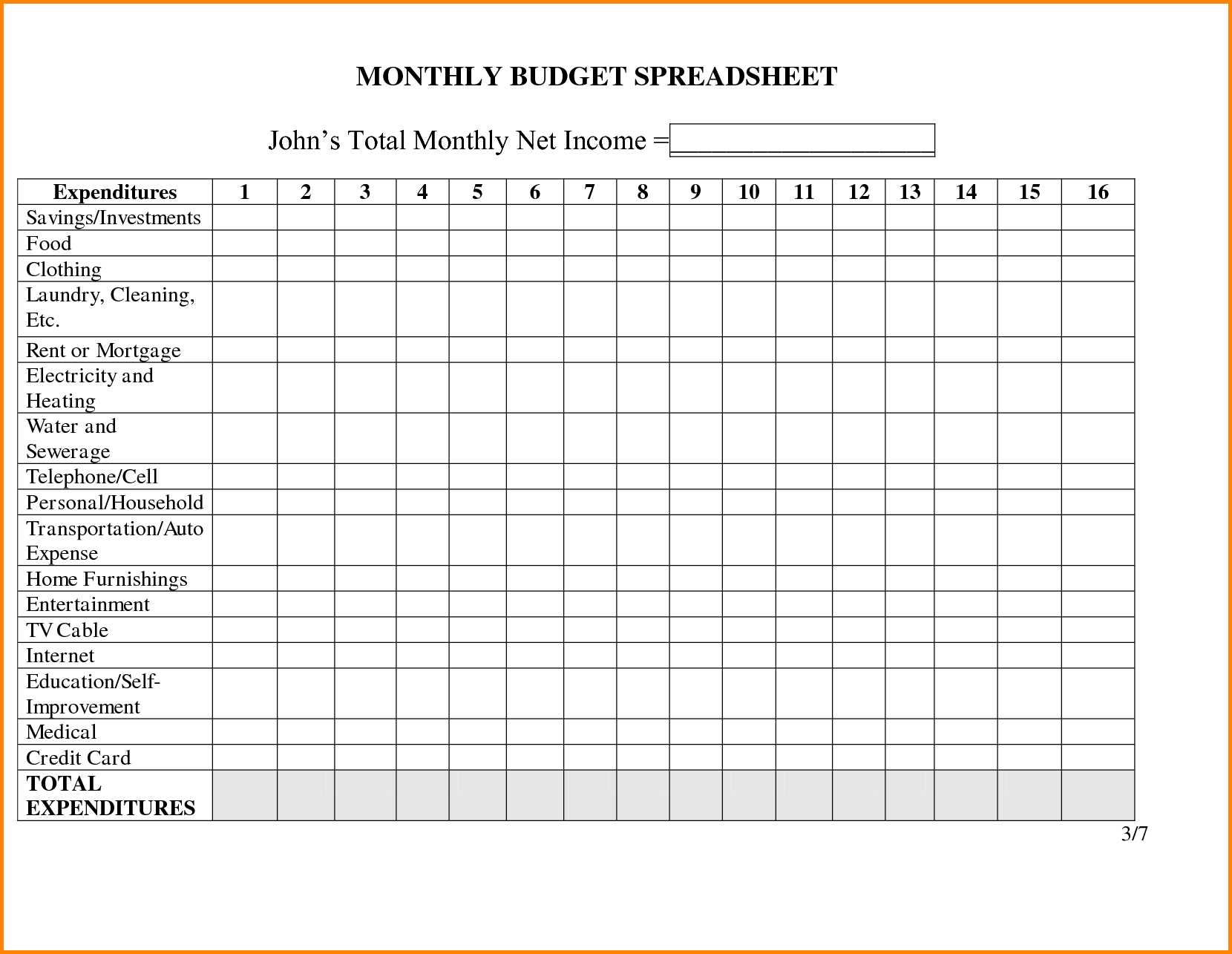 Personal Monthly Budget Spreadsheet Family Template Free Worksheet - Free Printable Monthly Expenses Worksheet