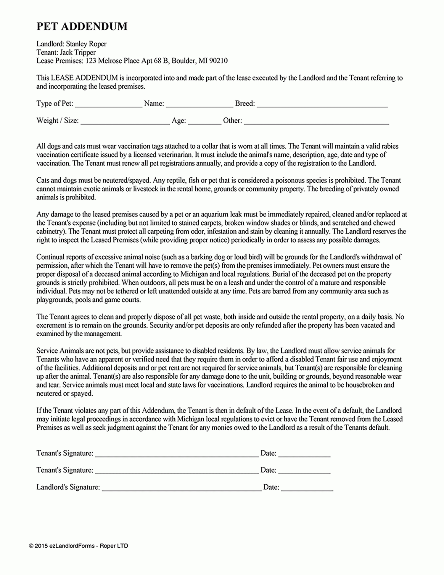 Pet Addendum | Ez Landlord Forms - Free Printable Pet Addendum