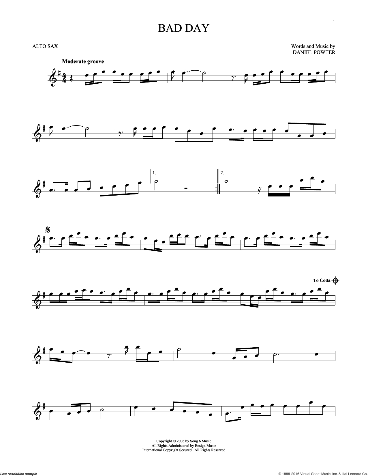 Powter - Bad Day Sheet Music For Alto Saxophone Solo [Pdf] In 2019 - Bad Day Piano Sheet Music Free Printable