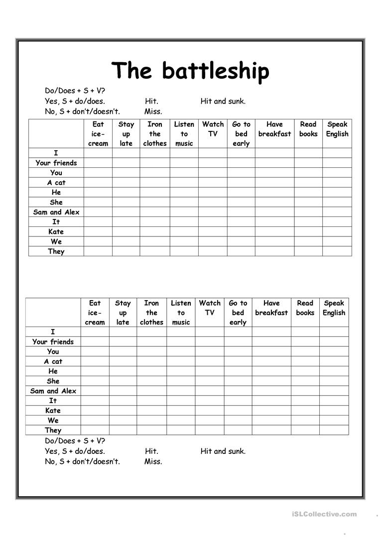 Present Simple. The Battleship Worksheet - Free Esl Printable - Free Printable Battleship Game