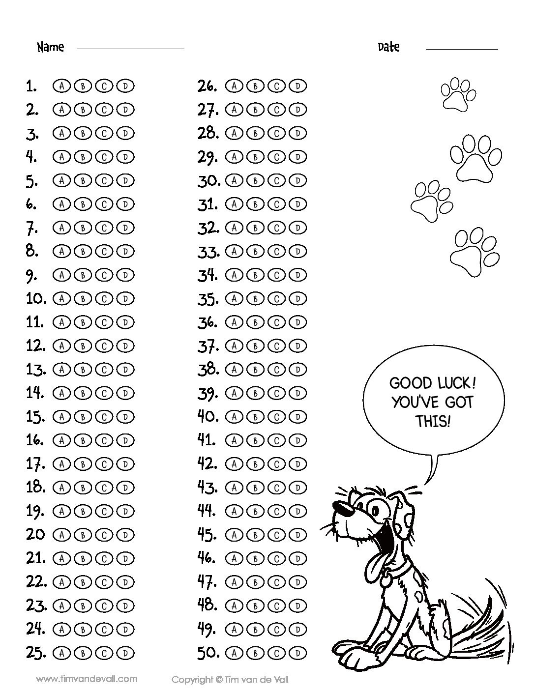 Printable 50 Question Answer Sheet Pdf - Multiple Choice A B C D - Free Printable Bubble Answer Sheets