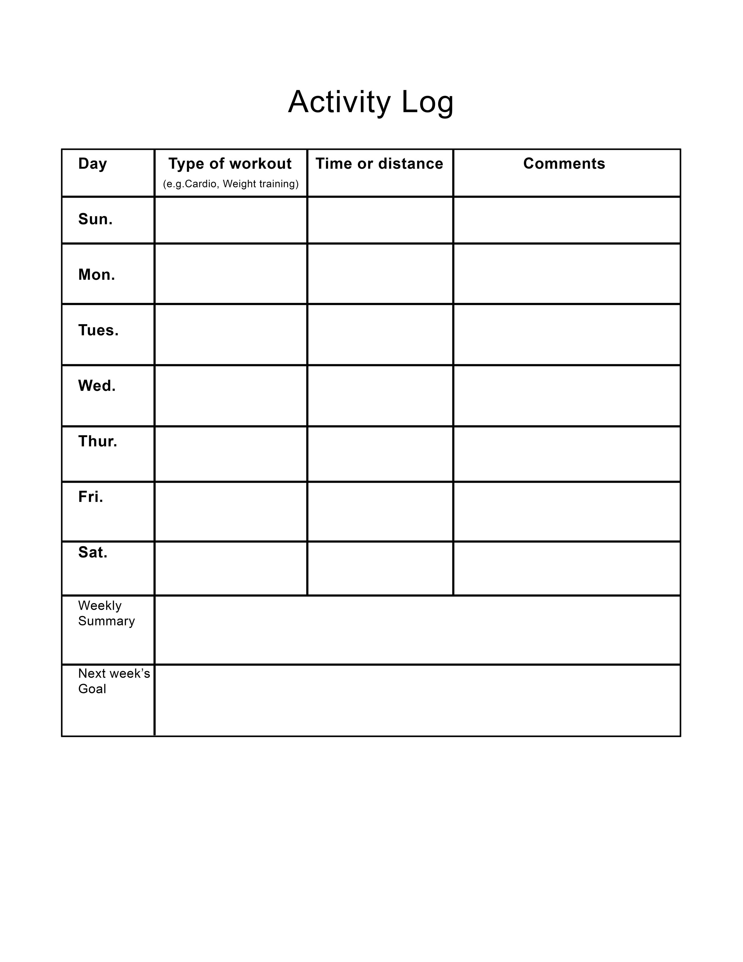 Printable Exercise Activity Log Sheet - Free Printable Workout Log Sheets