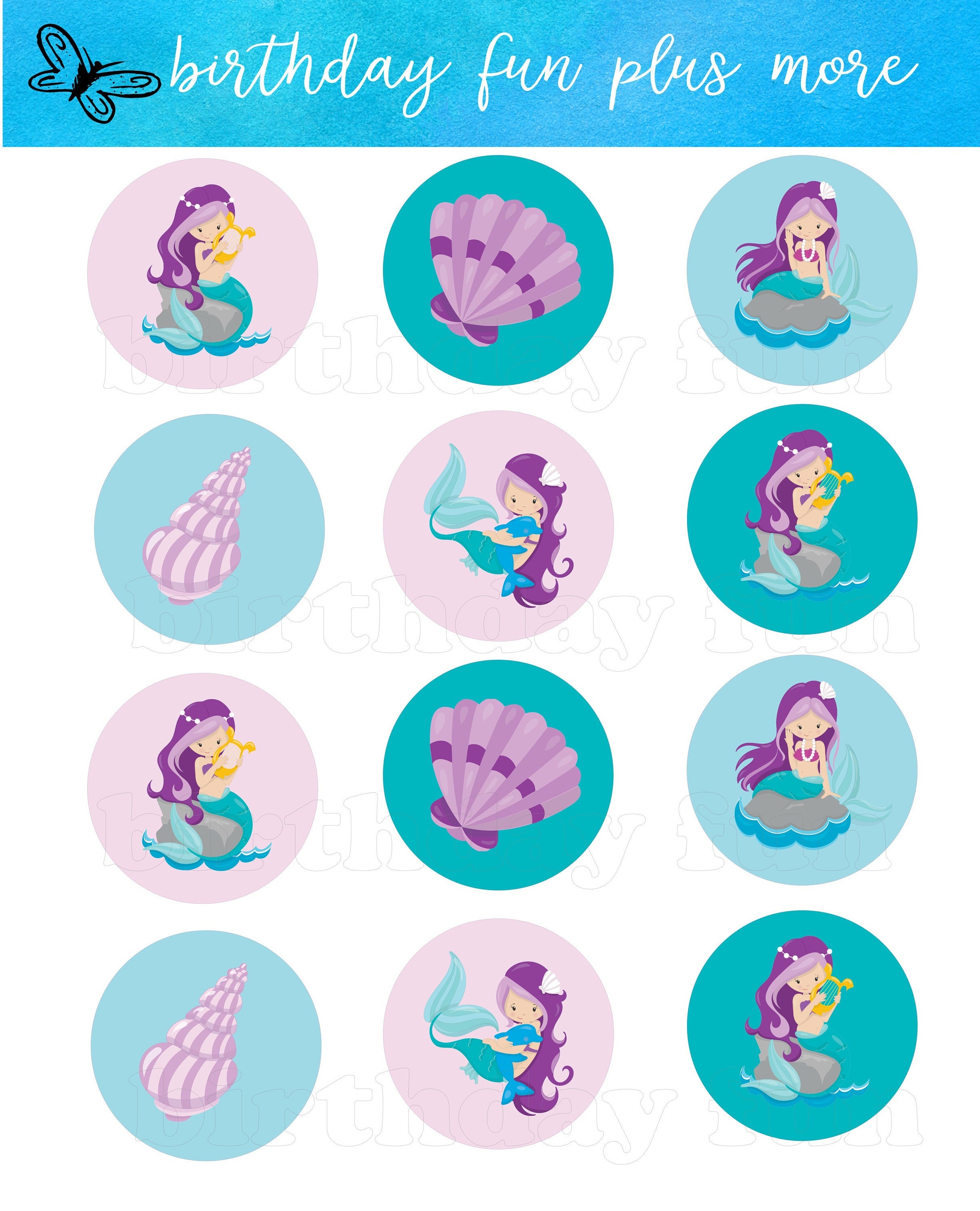 Printable Mermaid Cupcake Toppers Digital Mermaid Rounds | Etsy - Free Printable Mermaid Cupcake Toppers