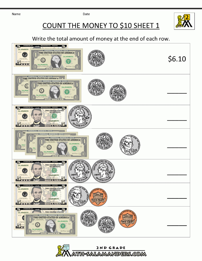 Printable Money Worksheets To $10 - Free Printable Money