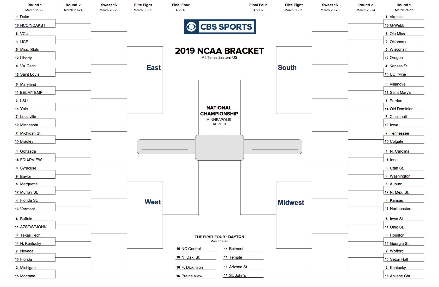 Printable Ncaa Tournament Bracket For March Madness 2019 - Free Printable Brackets