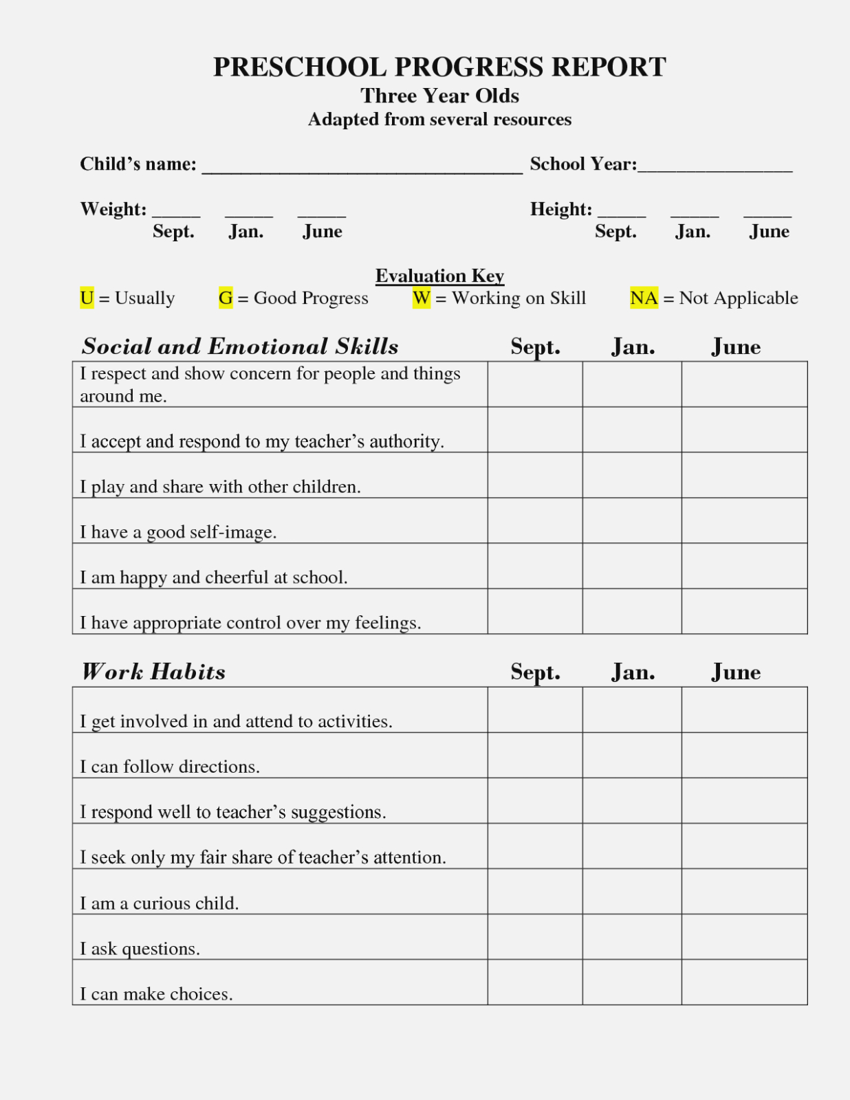 Toddler Progress Report Printable