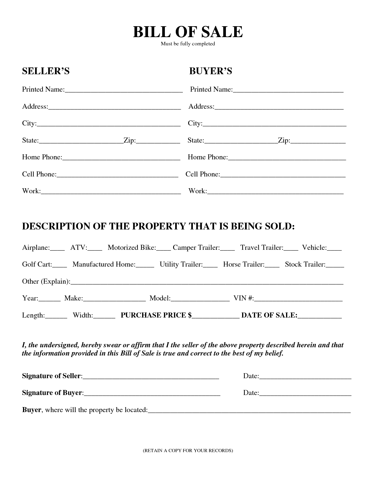 Printable Sample Equipment Bill Of Sale Template Form | Laywers - Free Printable Mobile Home Bill Of Sale