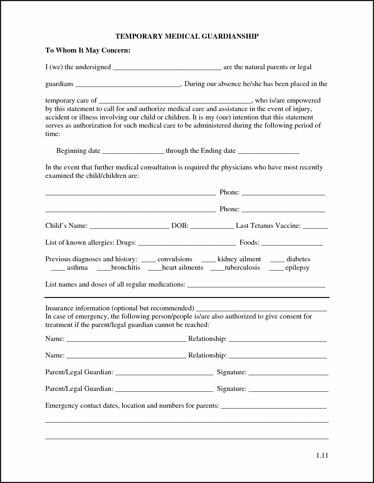 Child Vacation Guardianship Form Free Printable Printable Forms Free 