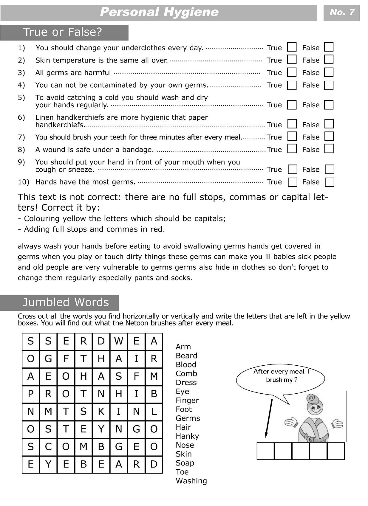 Printable Worksheets For Personal Hygiene | Personal Hygiene - Free Printable Life Skills Worksheets