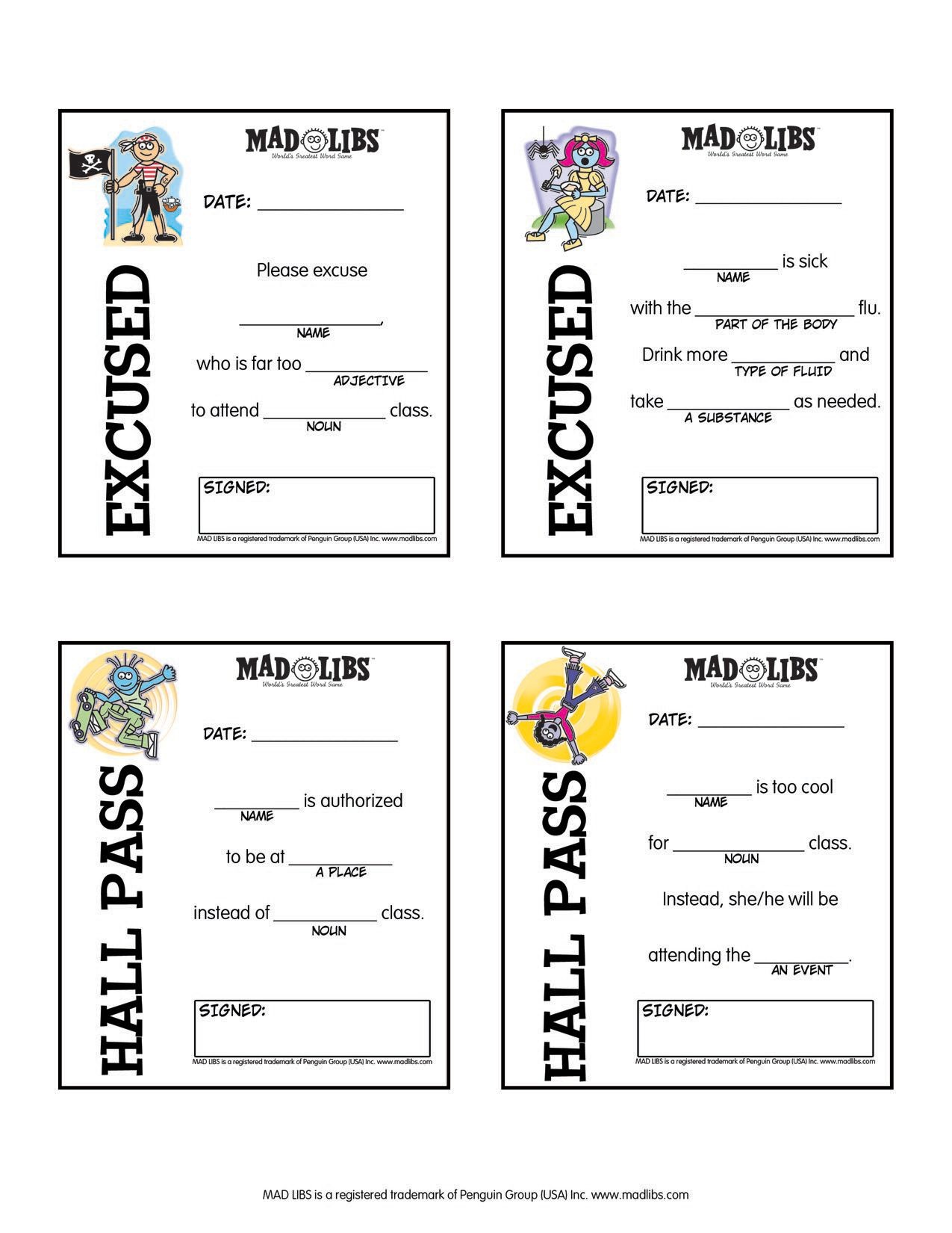 Printables – Mad Libs | Educational Extras | Hall Pass, Mad Libs - Free Printable Hall Pass Template