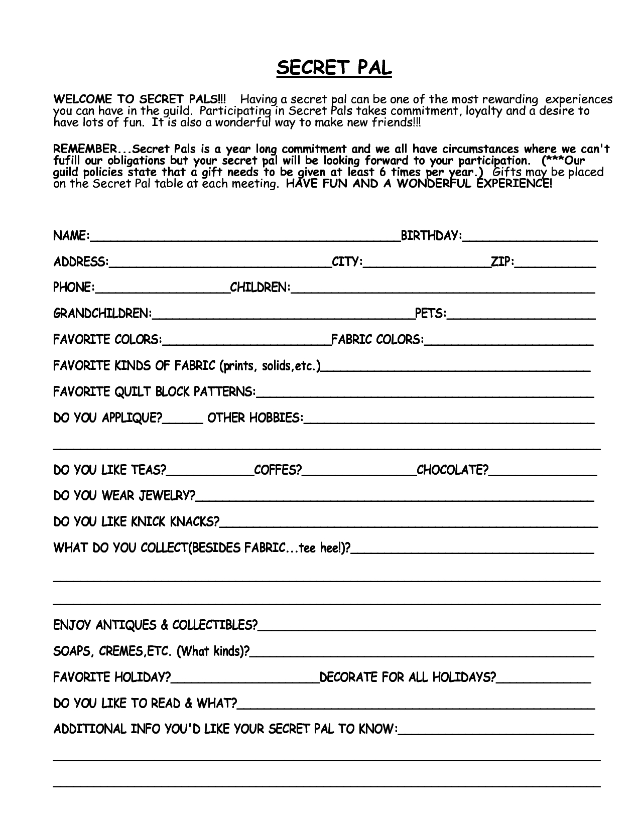 Printable Secret Pal Forms - Printable Forms Free Online