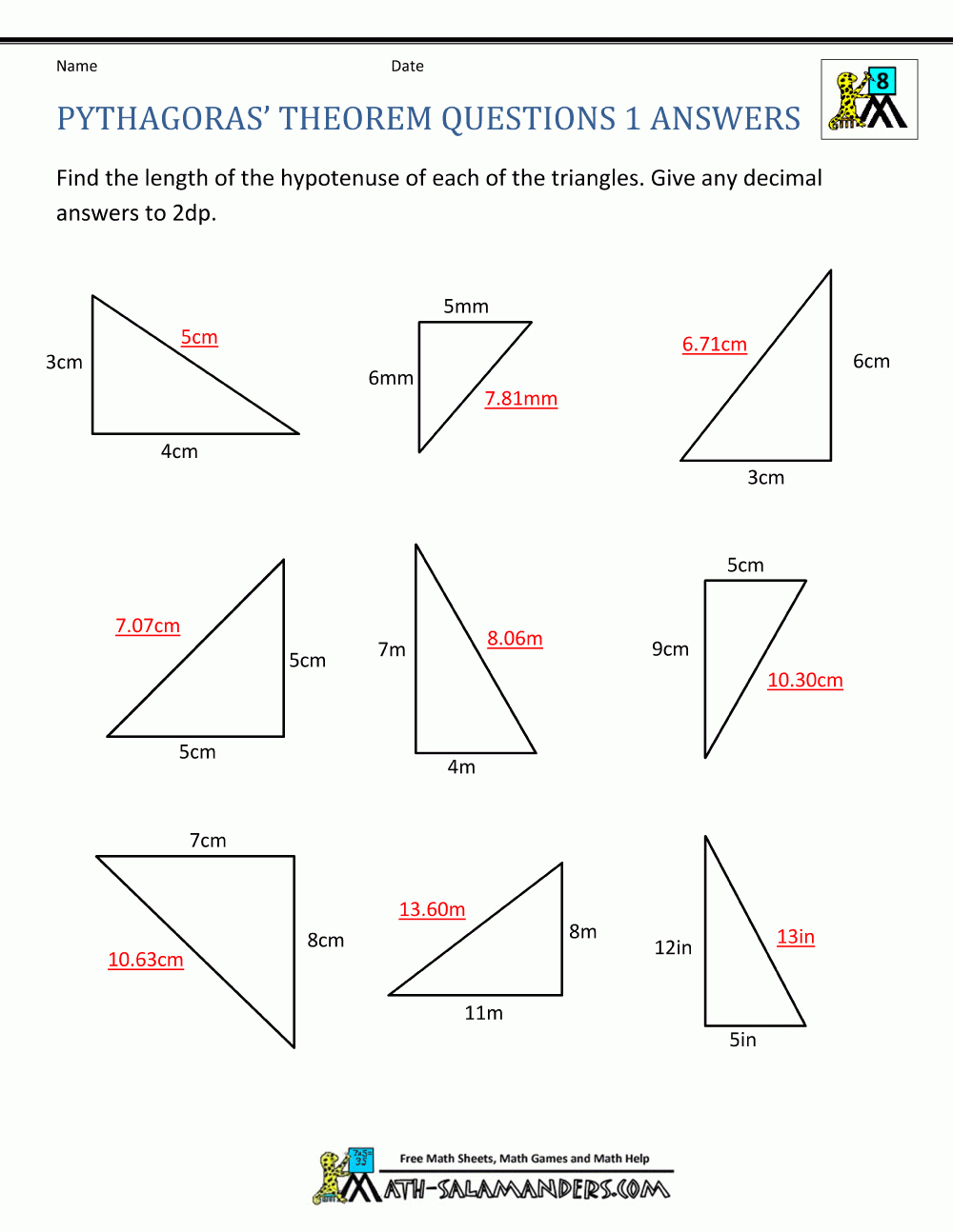 Pythagoras Theorem Questions - Free Printable Pythagorean Theorem Worksheets