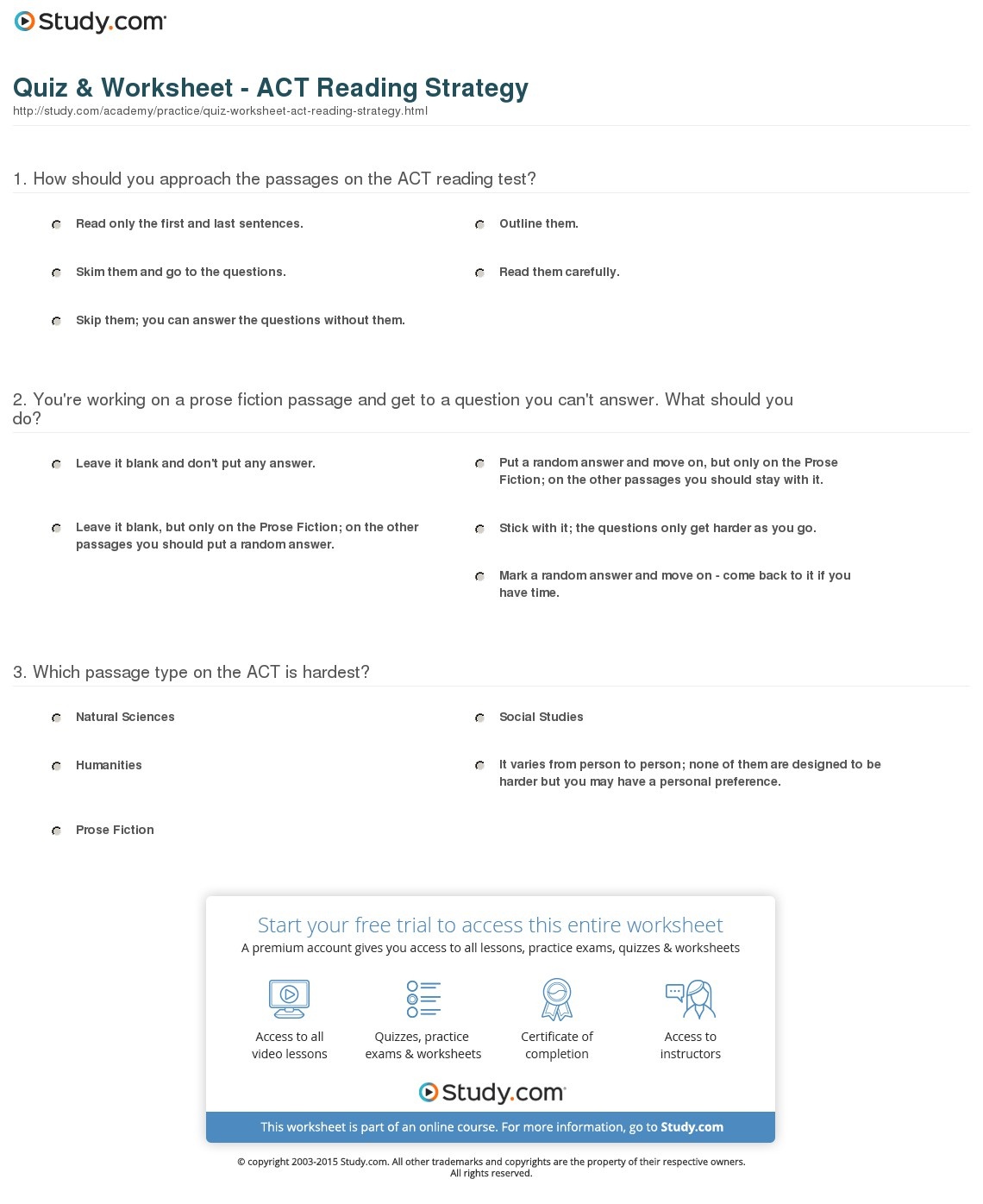 Quiz &amp;amp; Worksheet - Act Reading Strategy | Study - Free Printable Act Practice Worksheets