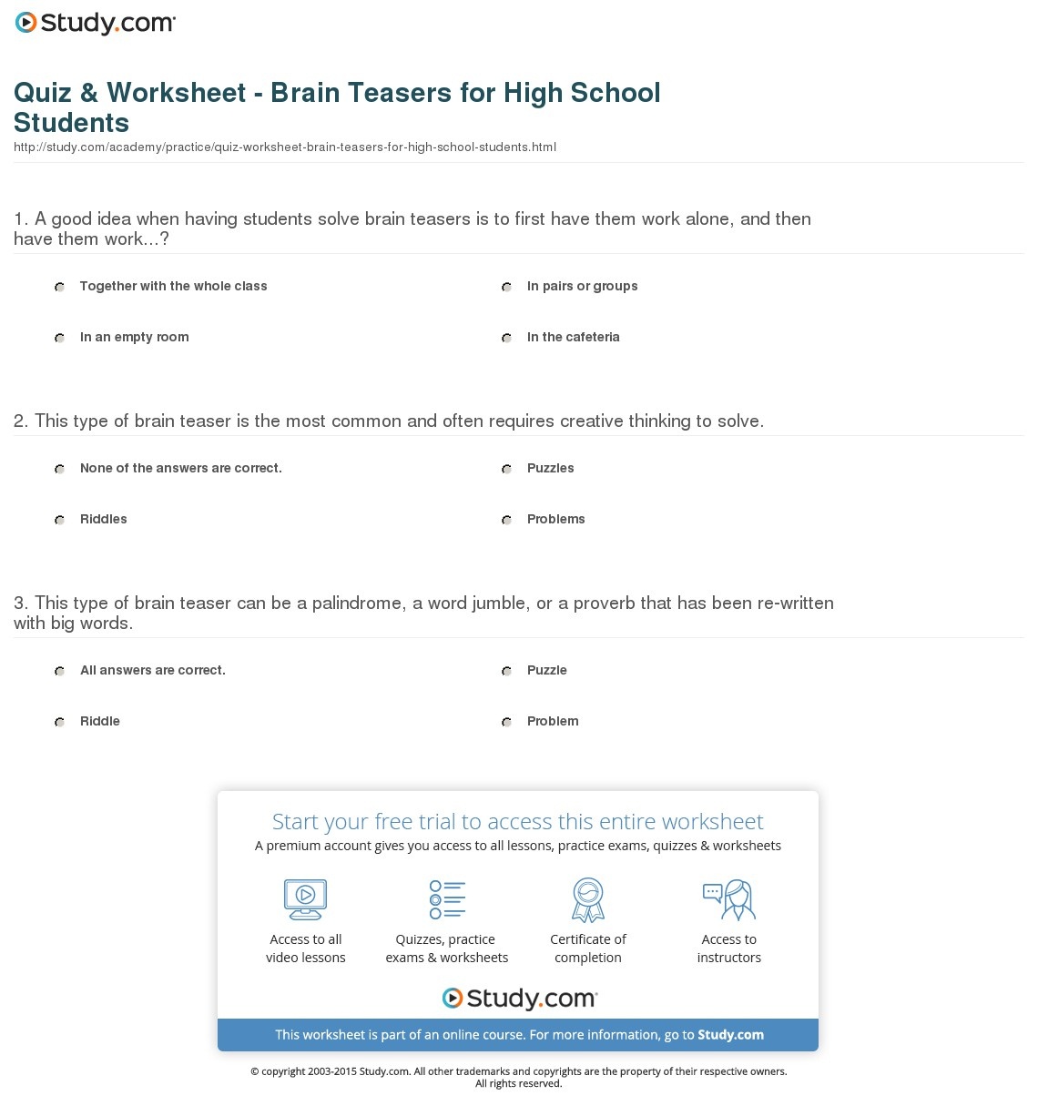Quiz &amp;amp; Worksheet - Brain Teasers For High School Students | Study - Free Printable Brain Teasers