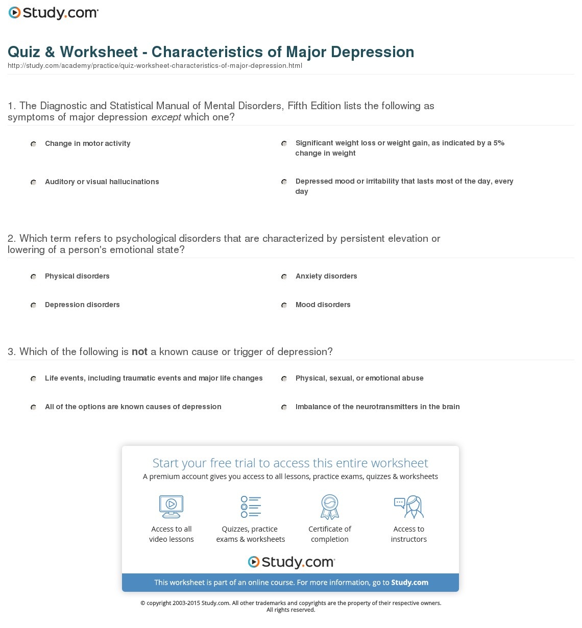 Quiz &amp;amp; Worksheet - Characteristics Of Major Depression | Study - Free Printable Worksheets On Depression