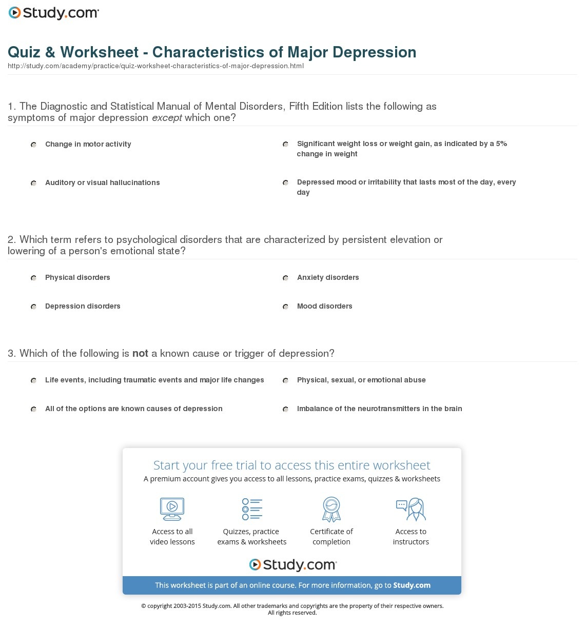 quiz worksheet coping skills for depression study free