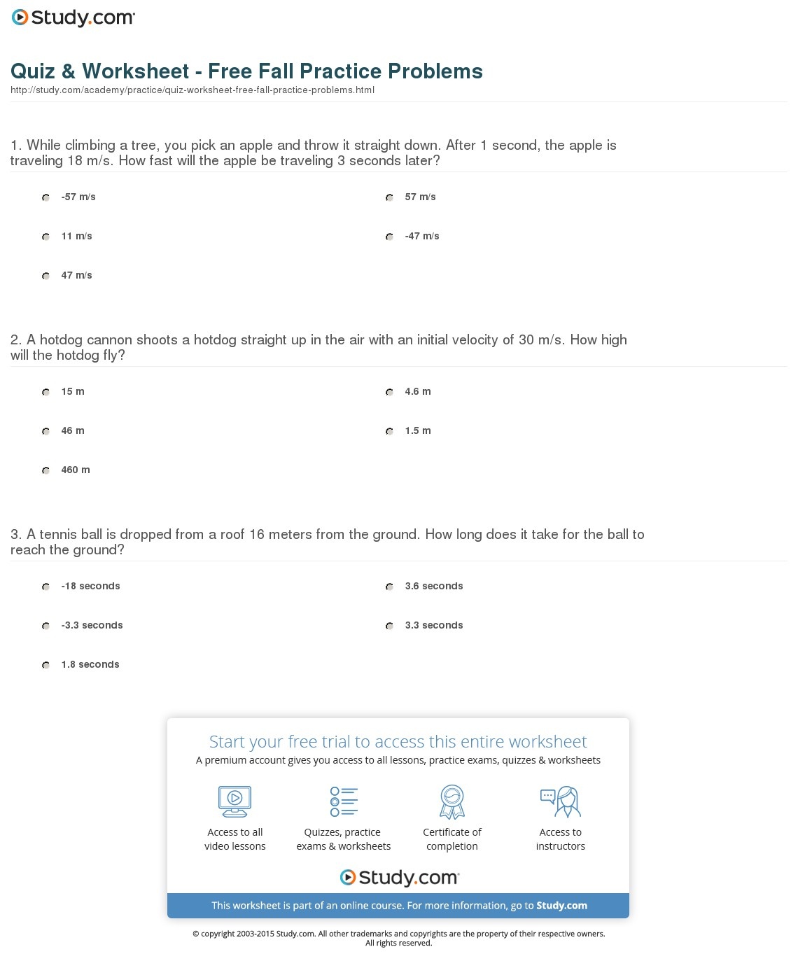 Quiz &amp;amp; Worksheet - Free Fall Practice Problems | Study - Free Printable Physics Worksheets