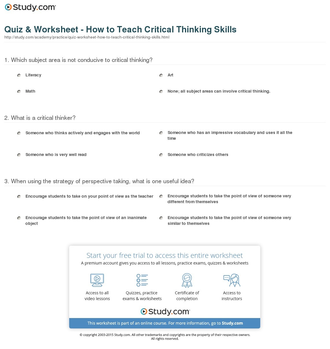 critical thinking skills quiz