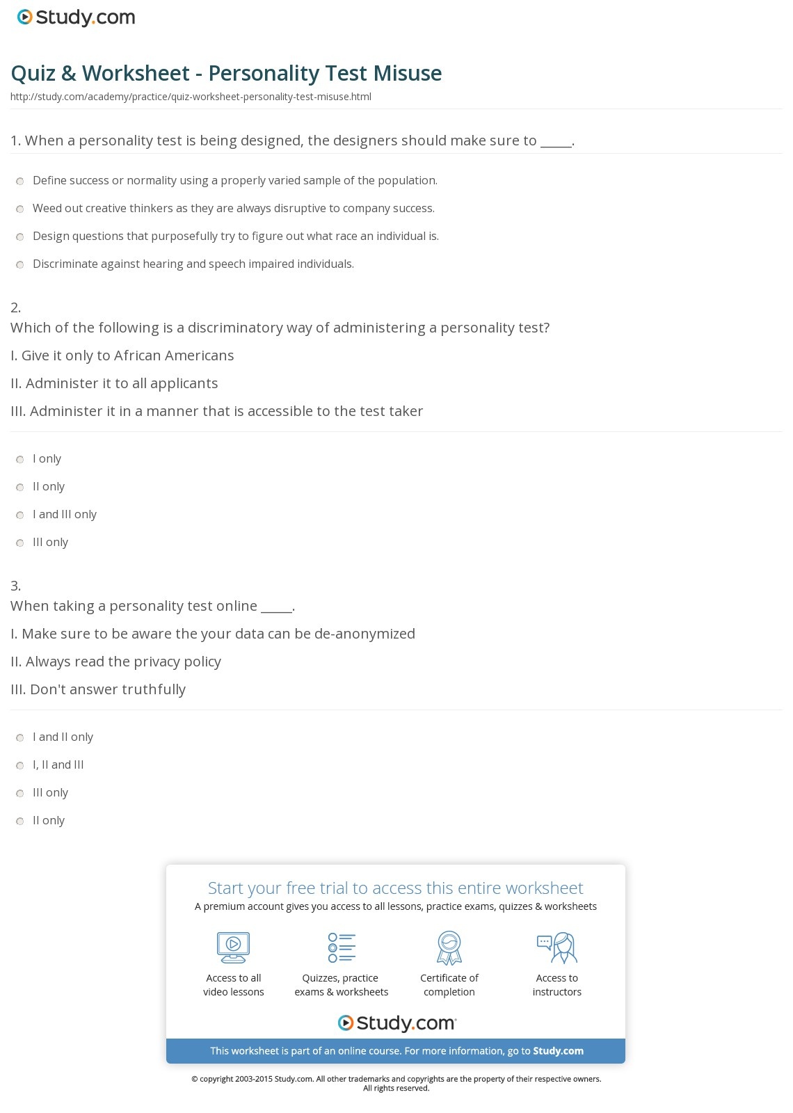 Quiz &amp;amp; Worksheet - Personality Test Misuse | Study - Free Printable Personality Test