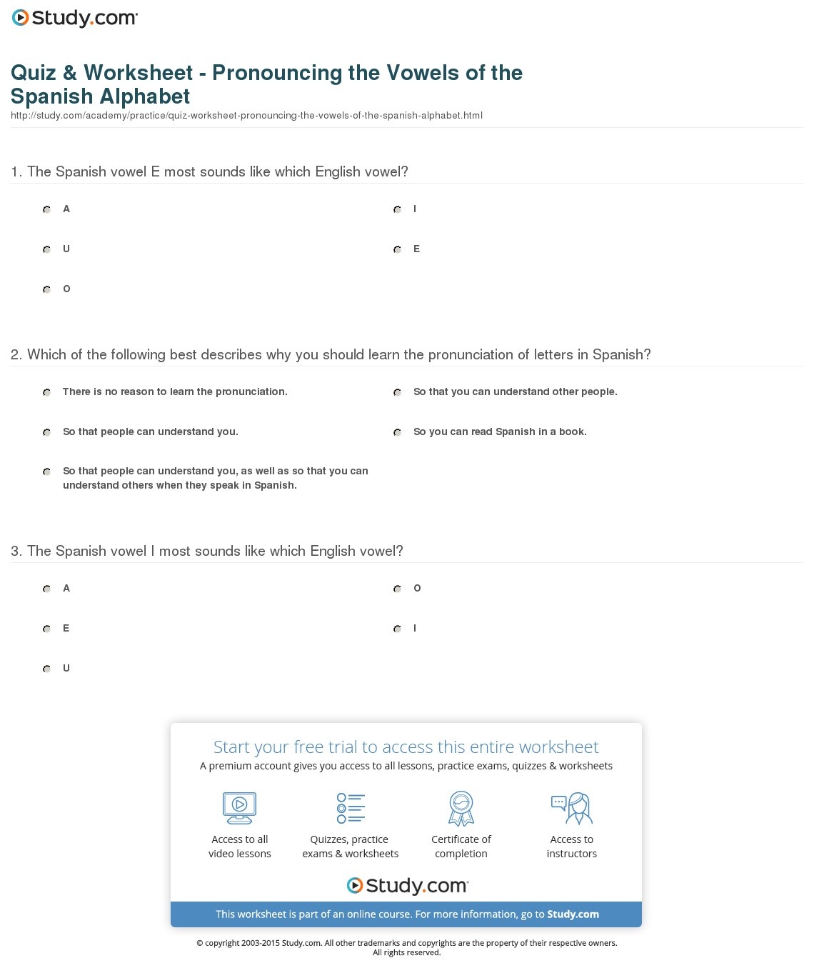 Quiz &amp;amp; Worksheet - Pronouncing The Vowels Of The Spanish Alphabet - Free Printable Spanish Alphabet Worksheets