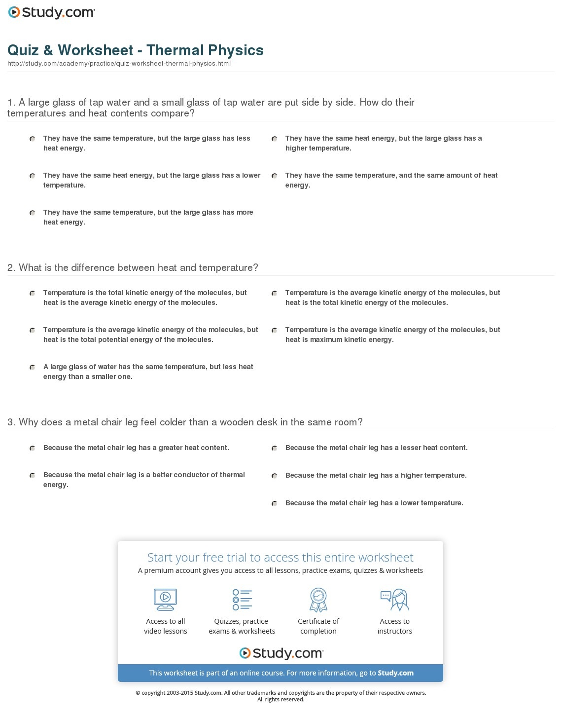 Quiz &amp;amp; Worksheet - Thermal Physics | Study - Free Printable Physics - Free Printable Physics Worksheets