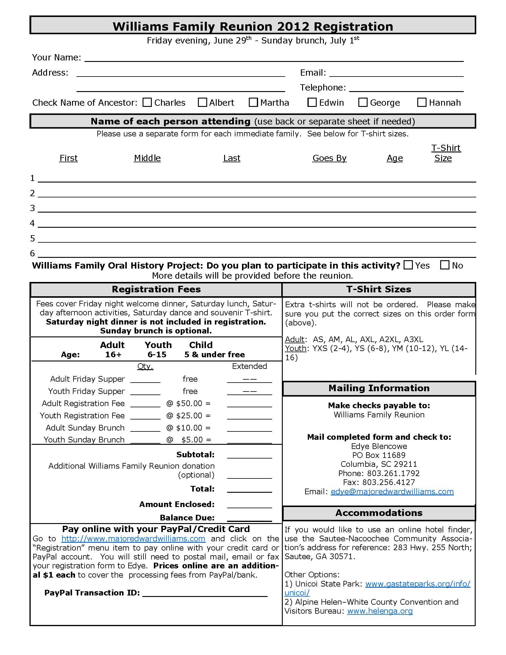 Registration Form Example | Reunion Registration | Family Reunion - Free Printable Membership Forms