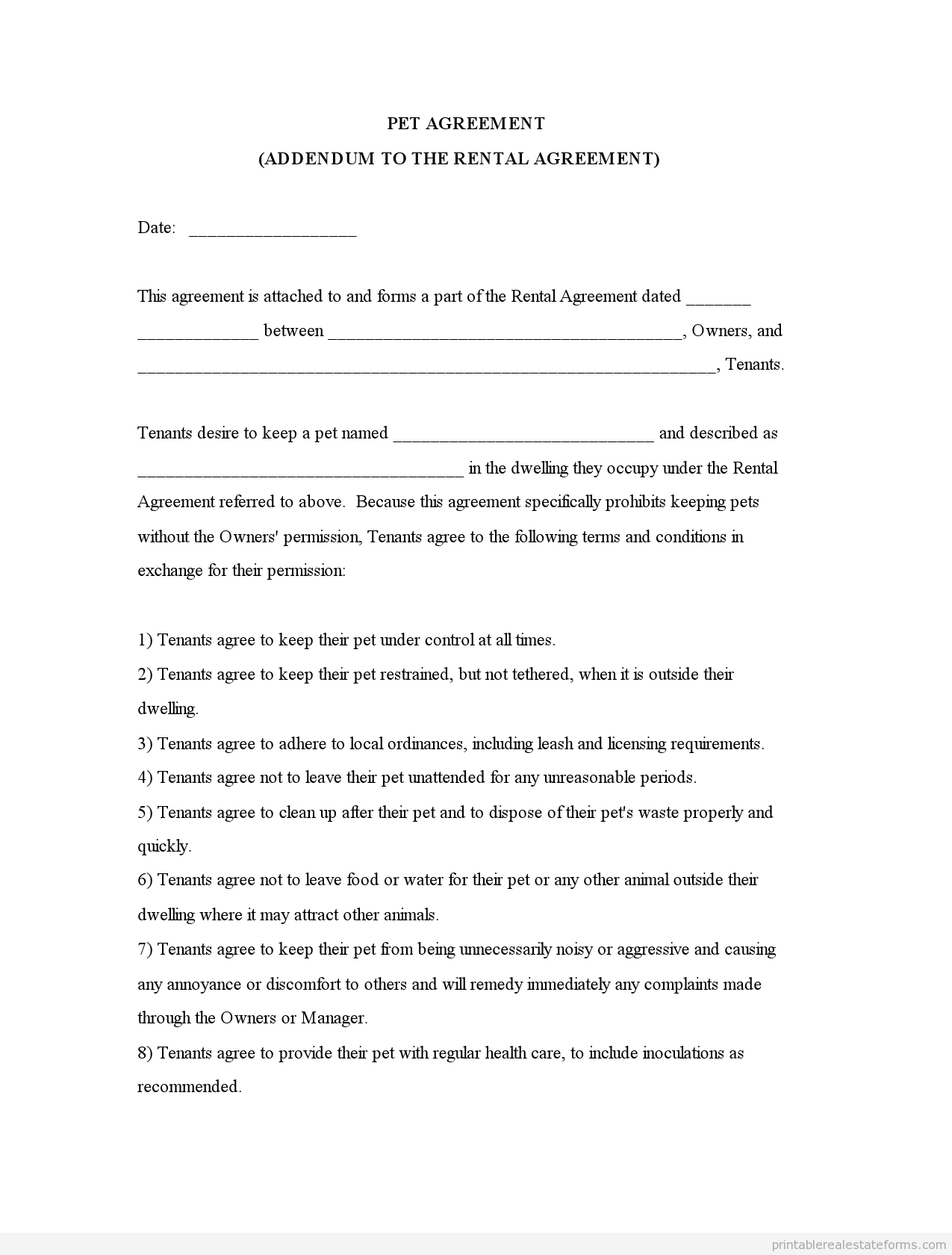 Sample Printable Pet Agreementm Addendum To The Rental Agreement - Free Printable Pet Addendum