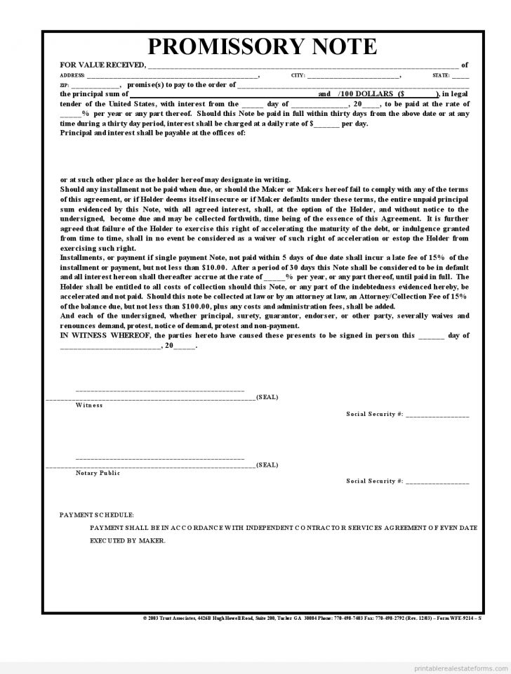 Free Printable Promissory Note Contract