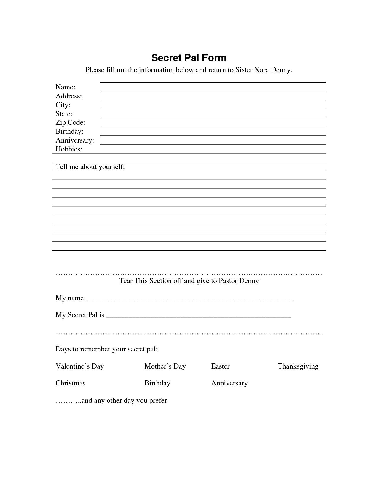 Free Printable Secret Pal Questionnaire